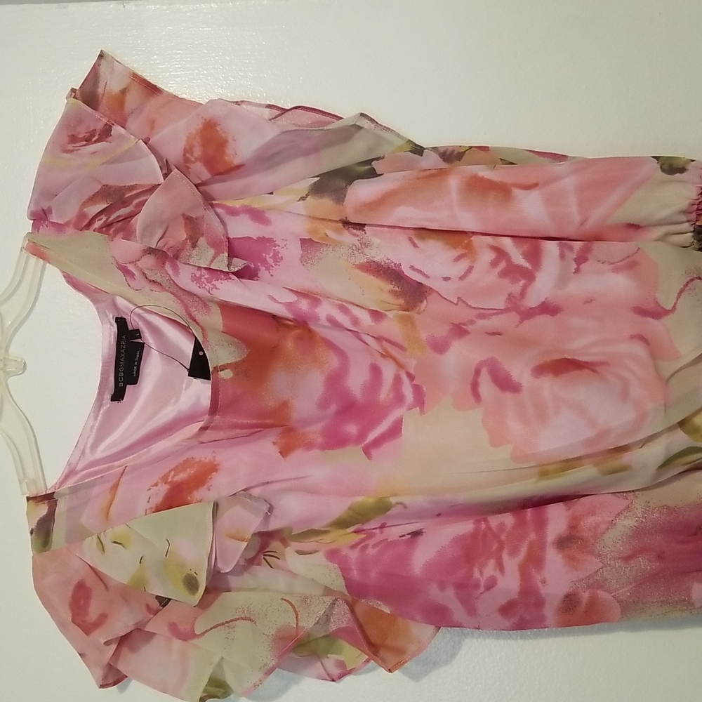 New BCBG MAXAZRIA Secret Garden Pink Floral Watercolor Paint Print Dress - Picture 6 of 12